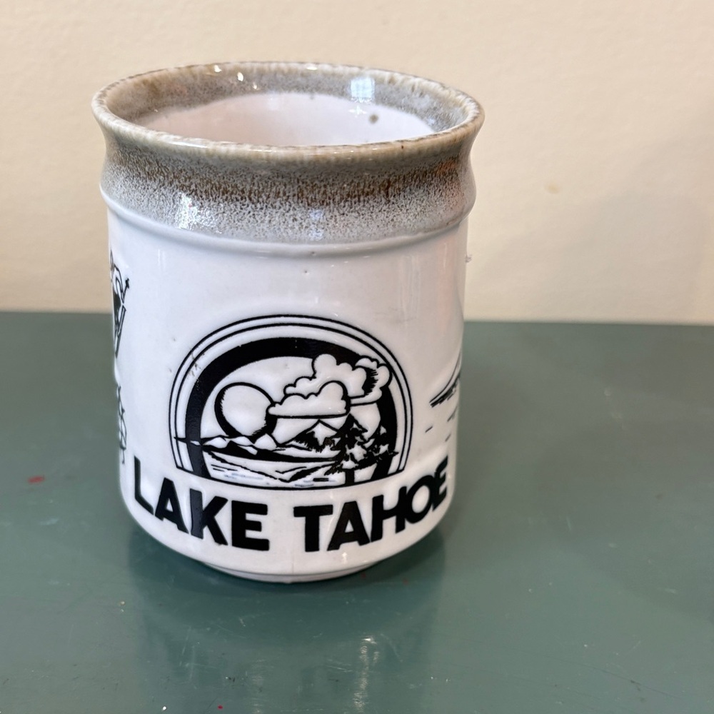 Vintage Lake Tahoe Ceramic Souvenir Mug - White with Gray Rim.